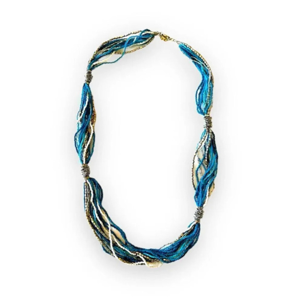 Vintage Glass Bead‎ Twist Necklace Boho Summer Beachy Vibes 30” Turquoise Silver